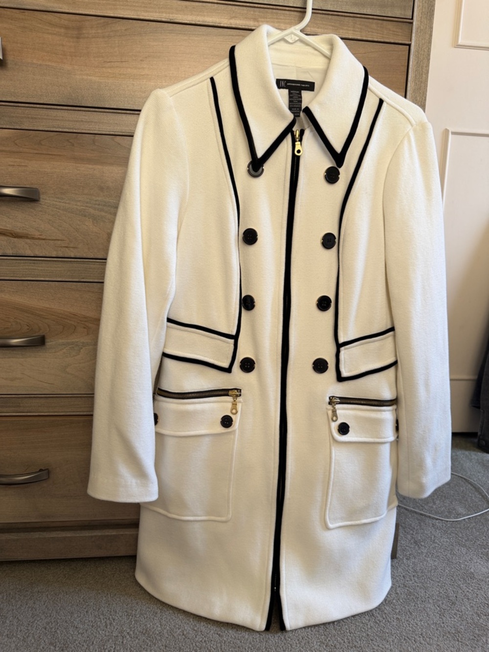 Beautiful women’s INC Double-Breasted Off White Coat with Black Piping